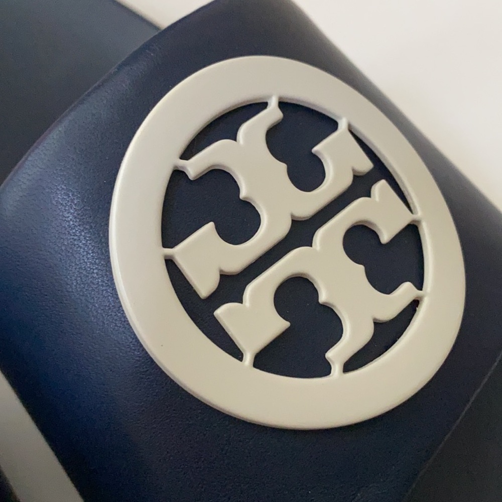 NIB Tory Burch LOGO Lina Leather Slide Royal Navy - Picture 5 of 11